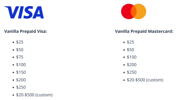 Available Denominations Vanilla Prepaid Cards